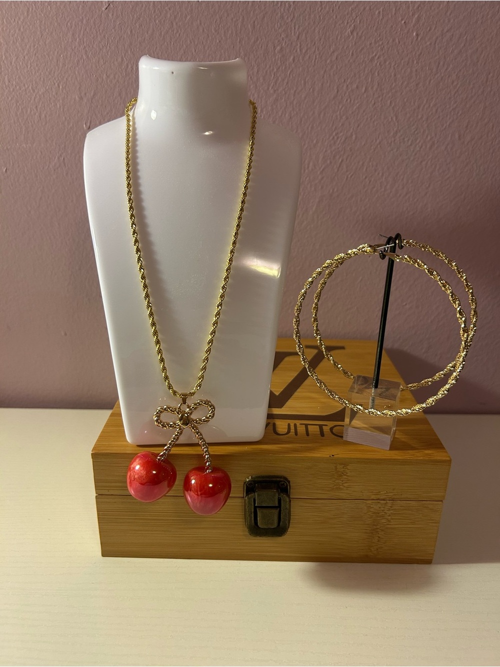 Gold-Tone Cherry Pendant Necklace and Hoop Earrings - Unbranded